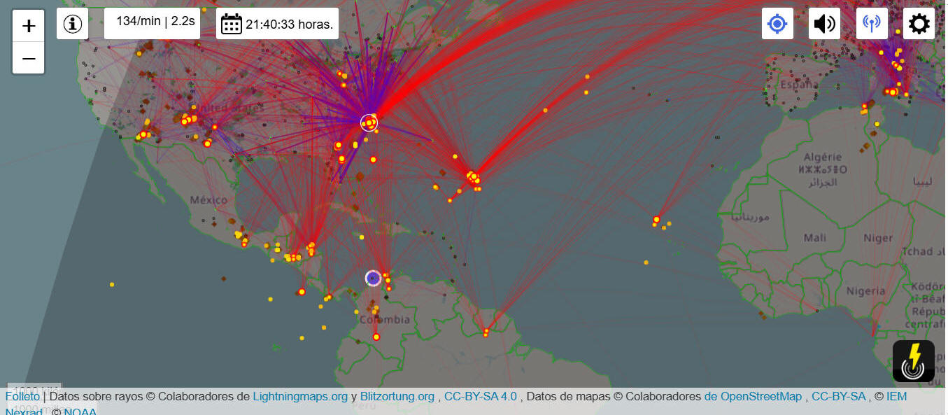 Mapa de caida de rayos en el planeta tierra